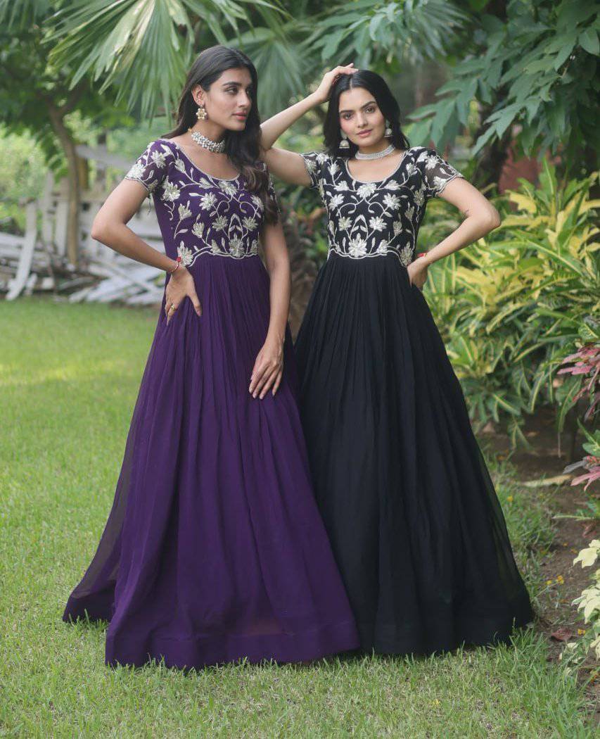 Enticing Faux Georgette Coded Sequins Embroidered Gown - Ethnicwish