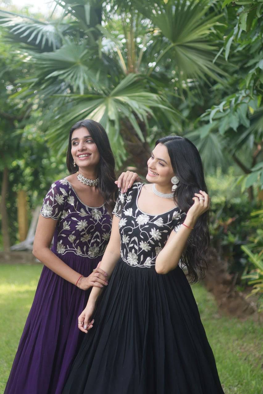 Enticing Faux Georgette Coded Sequins Embroidered Gown - Ethnicwish