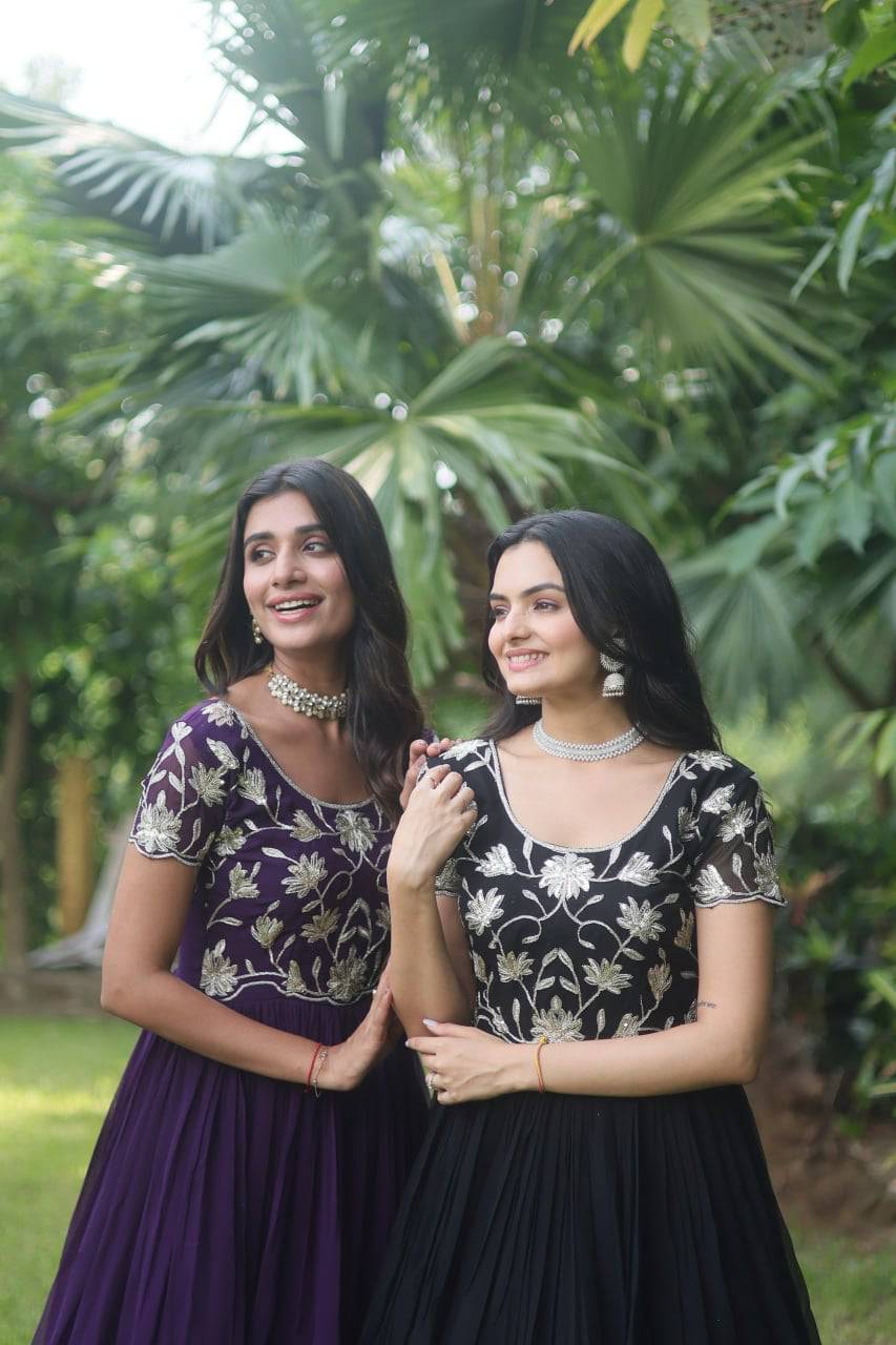 Enticing Faux Georgette Coded Sequins Embroidered Gown - Ethnicwish