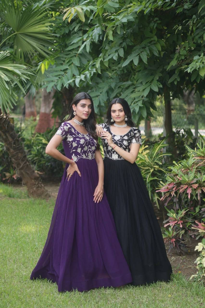 Enticing Faux Georgette Coded Sequins Embroidered Gown - Ethnicwish