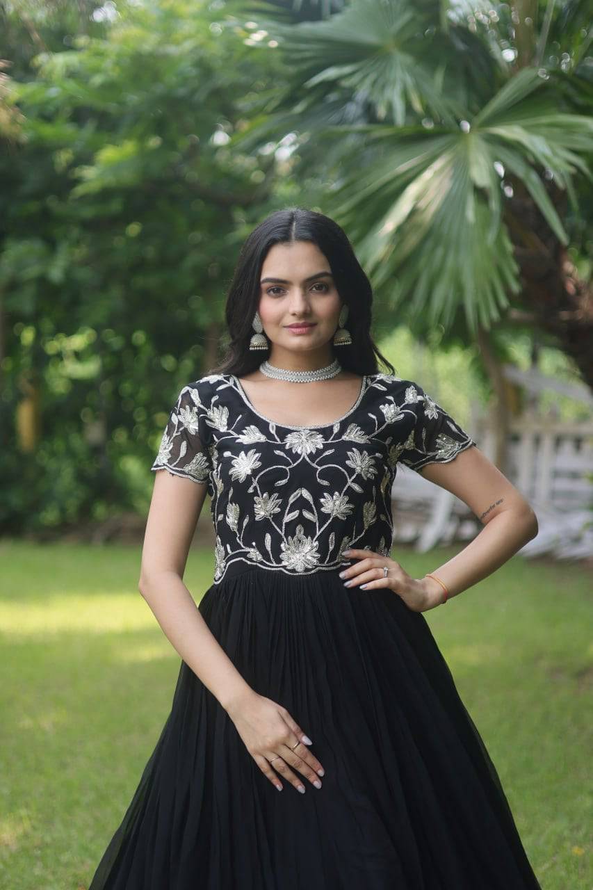 Enticing Faux Georgette Coded Sequins Embroidered Gown - Ethnicwish