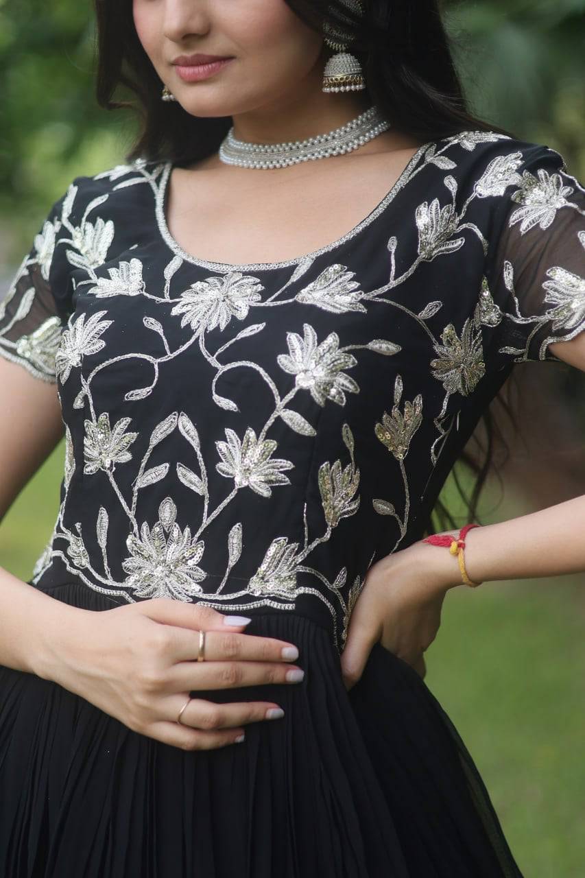 Enticing Faux Georgette Coded Sequins Embroidered Gown - Ethnicwish