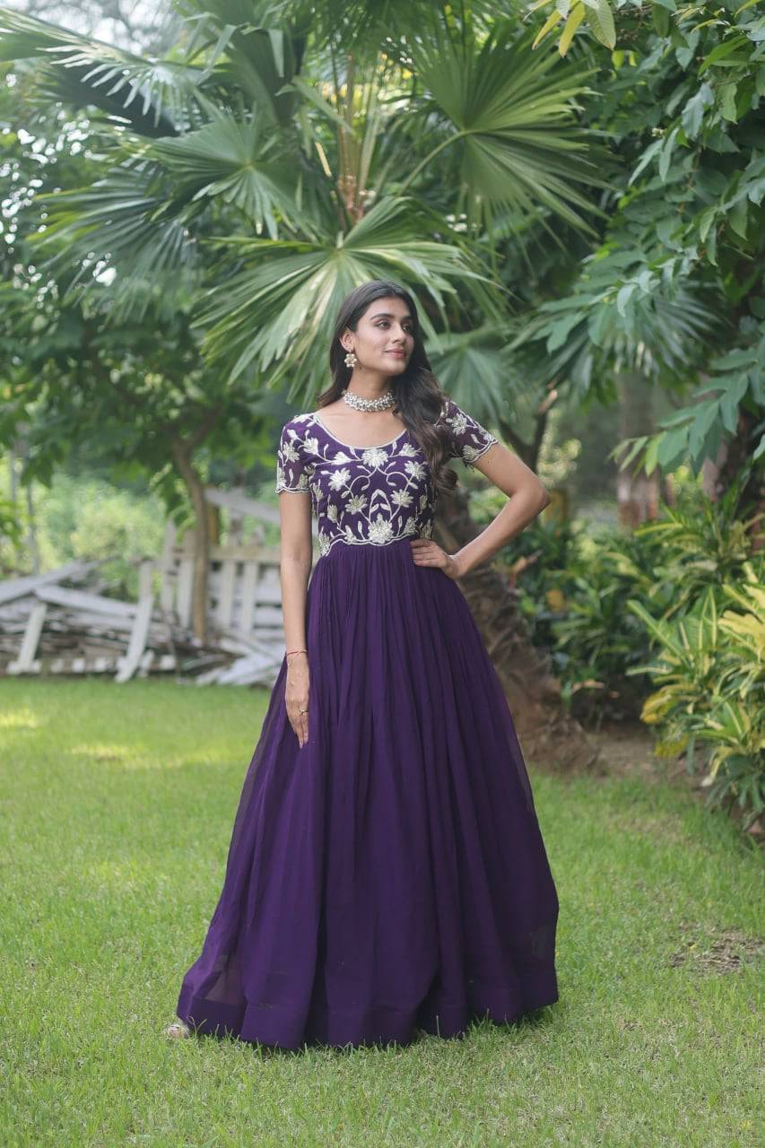 Enticing Faux Georgette Coded Sequins Embroidered Gown - Ethnicwish