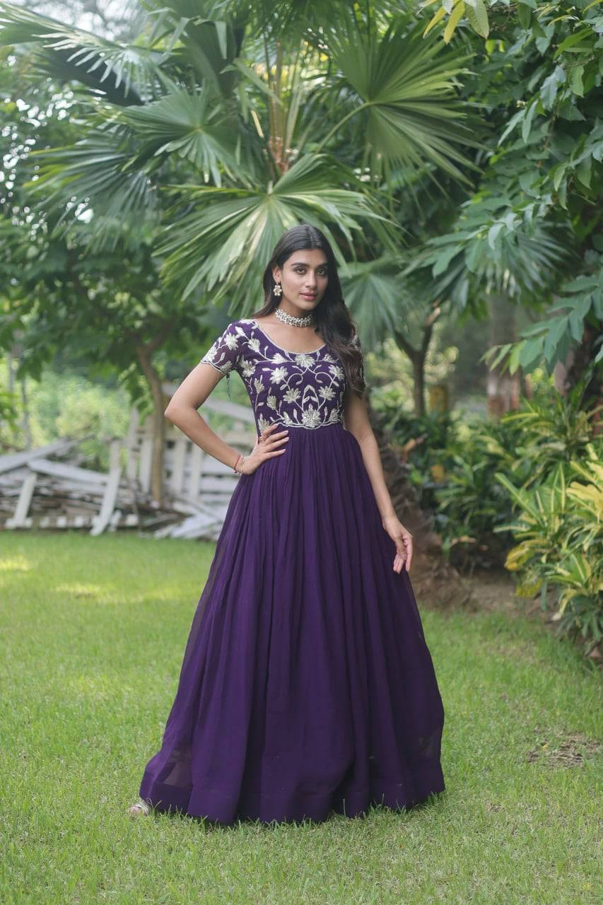 Enticing Faux Georgette Coded Sequins Embroidered Gown - Ethnicwish