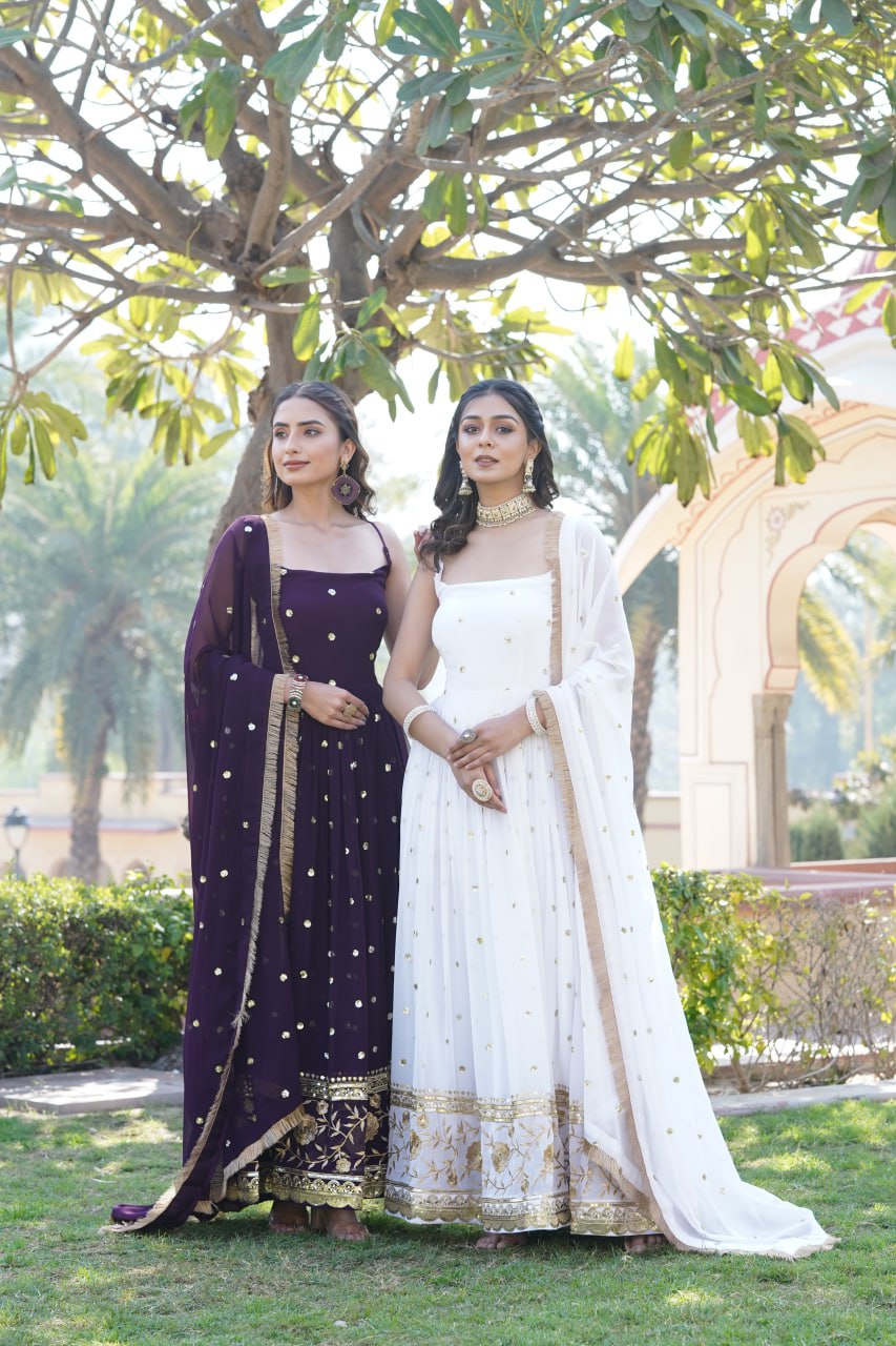 Lovely Faux Georgette Sequins Embroidered Gown With Dupatta - Ethnicwish