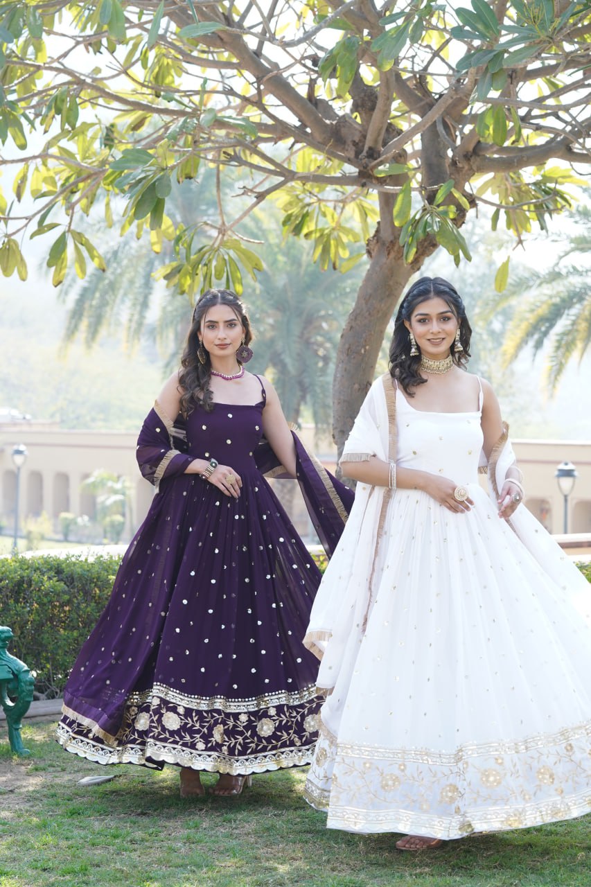 Lovely Faux Georgette Sequins Embroidered Gown With Dupatta - Ethnicwish