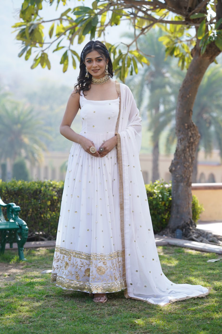 Lovely Faux Georgette Sequins Embroidered Gown With Dupatta - Ethnicwish
