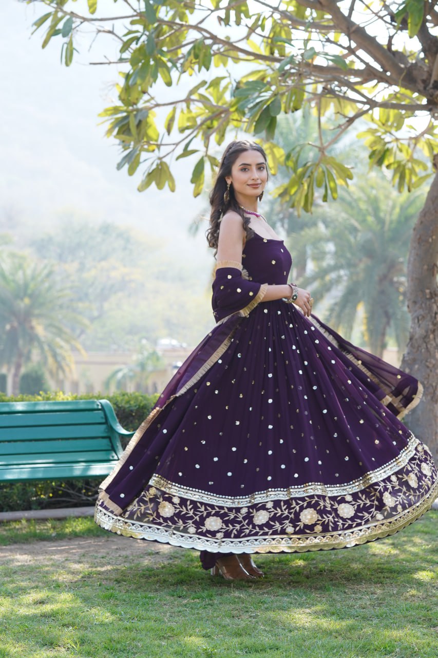Lovely Faux Georgette Sequins Embroidered Gown With Dupatta - Ethnicwish