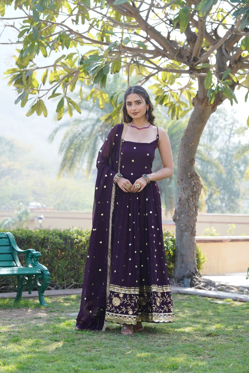 Lovely Faux Georgette Sequins Embroidered Gown With Dupatta - Ethnicwish