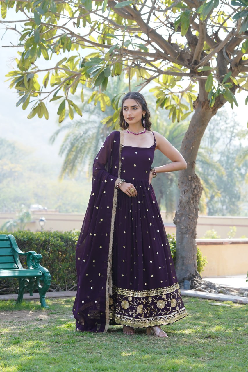 Lovely Faux Georgette Sequins Embroidered Gown With Dupatta - Ethnicwish