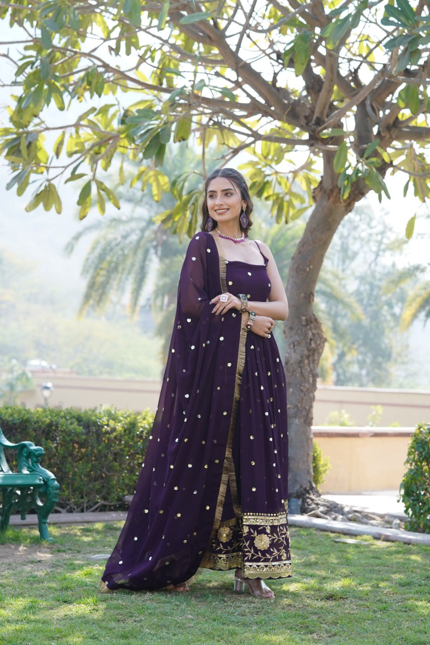 Lovely Faux Georgette Sequins Embroidered Gown With Dupatta - Ethnicwish
