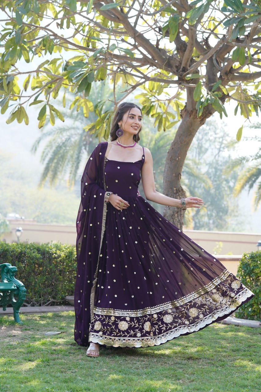 Lovely Faux Georgette Sequins Embroidered Gown With Dupatta - Ethnicwish