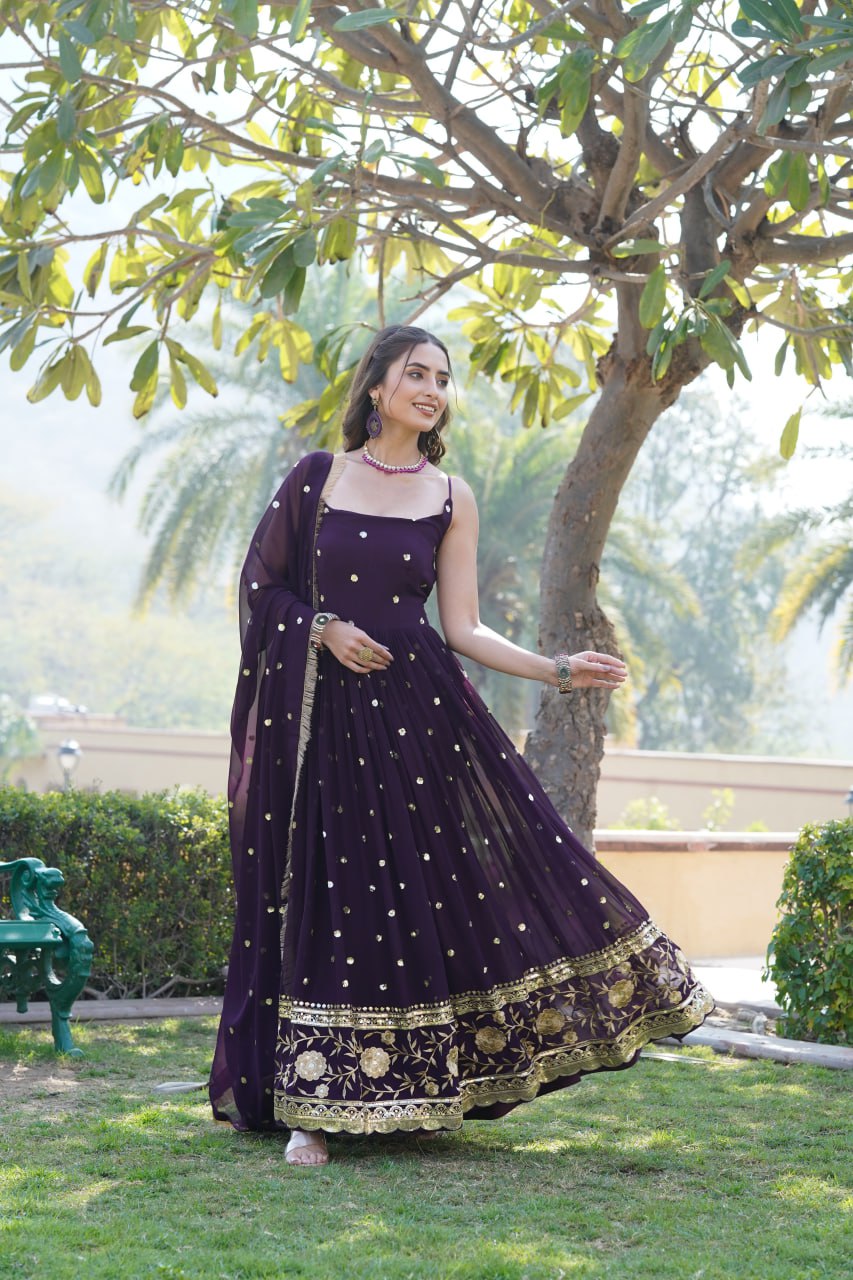 Lovely Faux Georgette Sequins Embroidered Gown With Dupatta - Ethnicwish