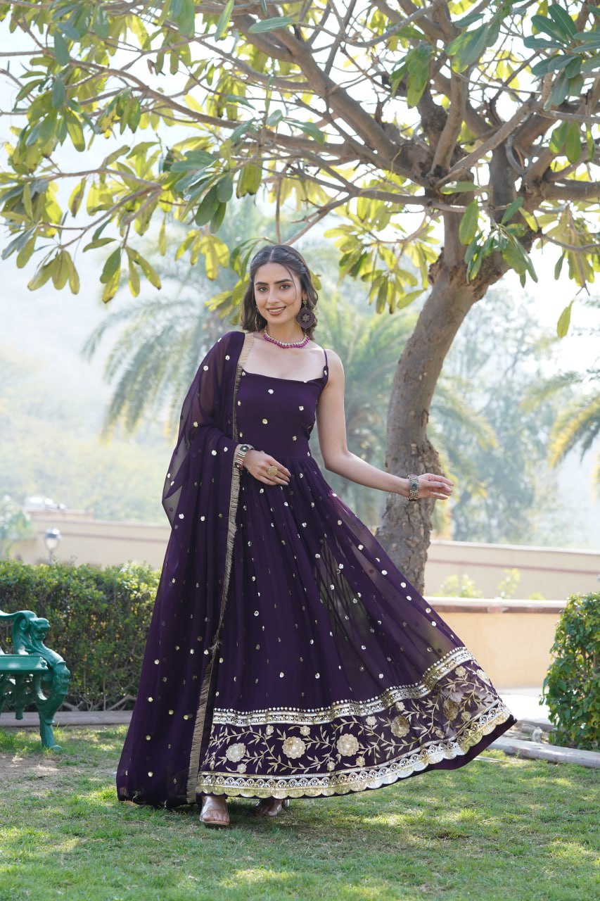 Lovely Faux Georgette Sequins Embroidered Gown With Dupatta - Ethnicwish