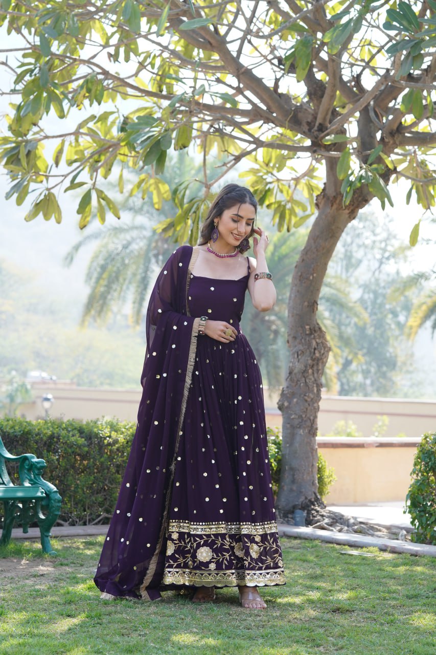 Lovely Faux Georgette Sequins Embroidered Gown With Dupatta - Ethnicwish