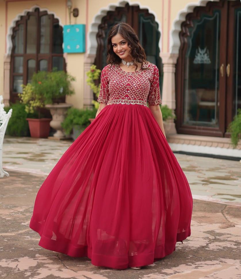 Radiant Faux Georgette Zari Sequins Worked Designer Gown - Ethnicwish