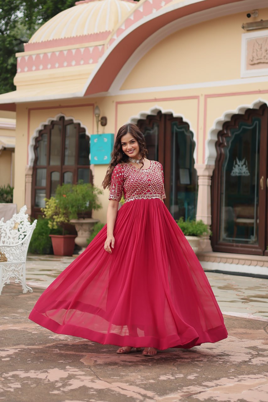 Radiant Faux Georgette Zari Sequins Worked Designer Gown - Ethnicwish