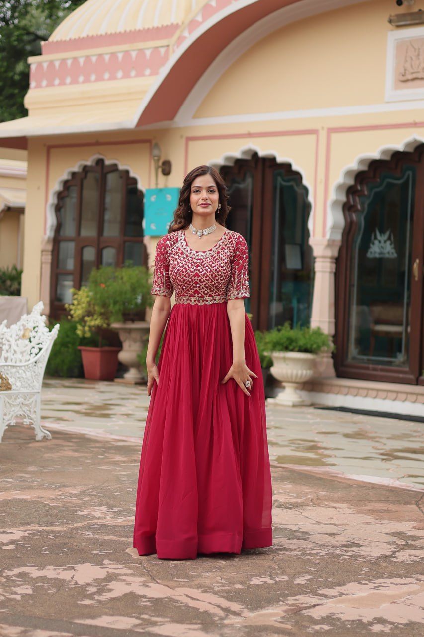 Radiant Faux Georgette Zari Sequins Worked Designer Gown - Ethnicwish