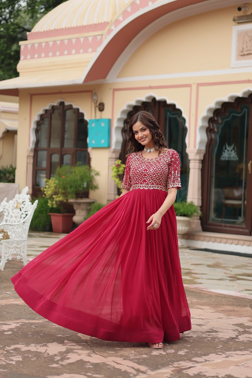 Radiant Faux Georgette Zari Sequins Worked Designer Gown - Ethnicwish
