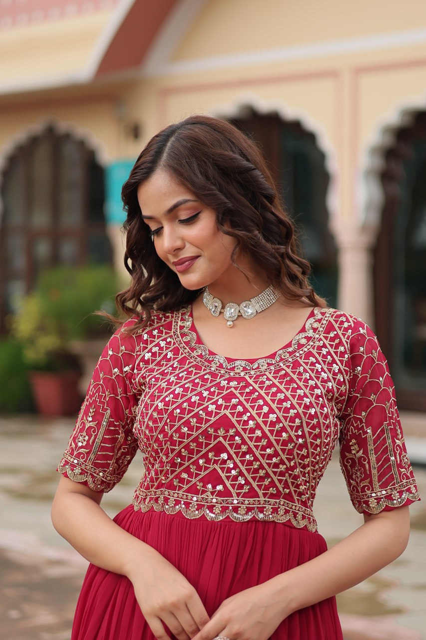 Radiant Faux Georgette Zari Sequins Worked Designer Gown - Ethnicwish