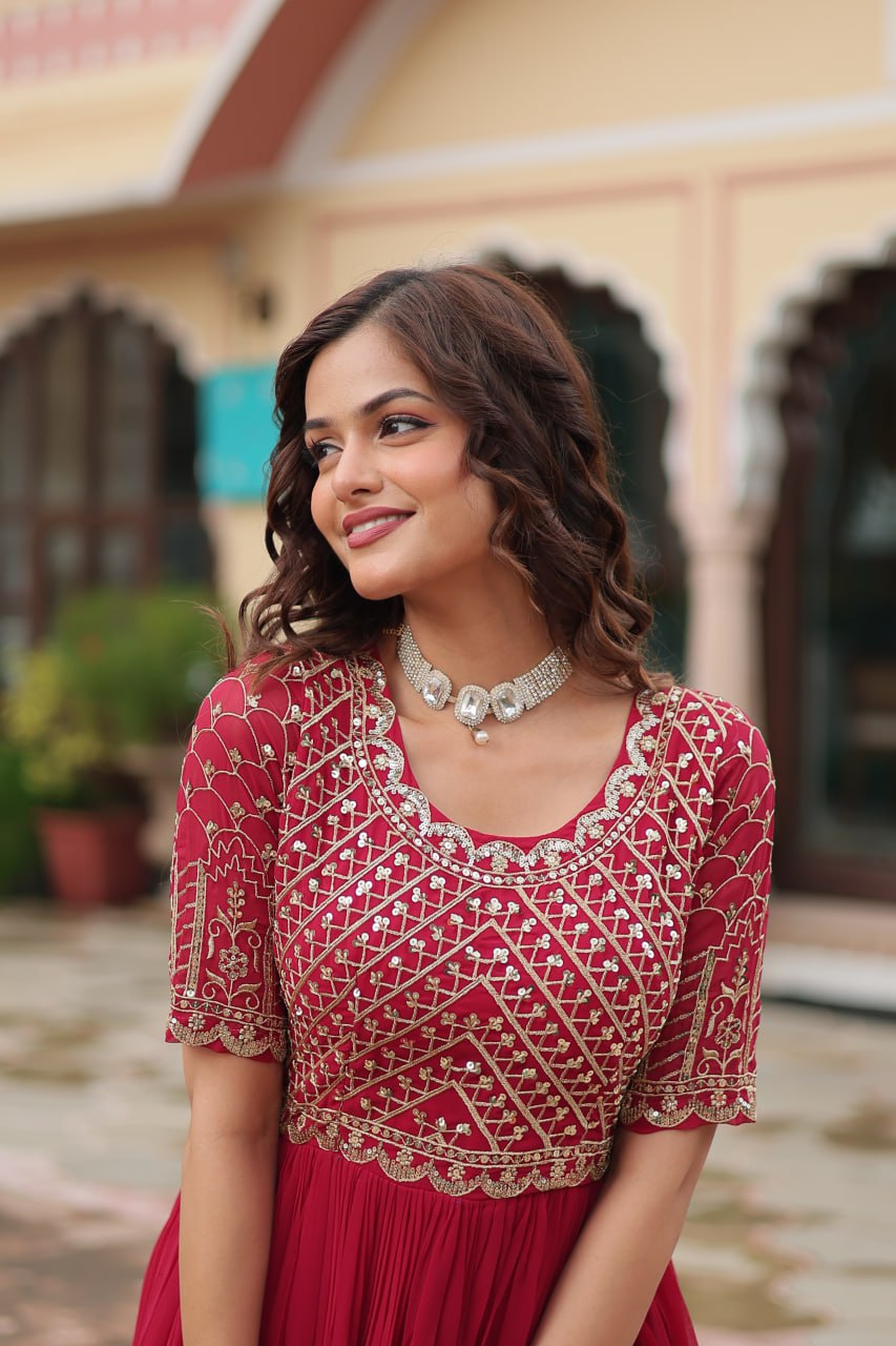 Radiant Faux Georgette Zari Sequins Worked Designer Gown - Ethnicwish