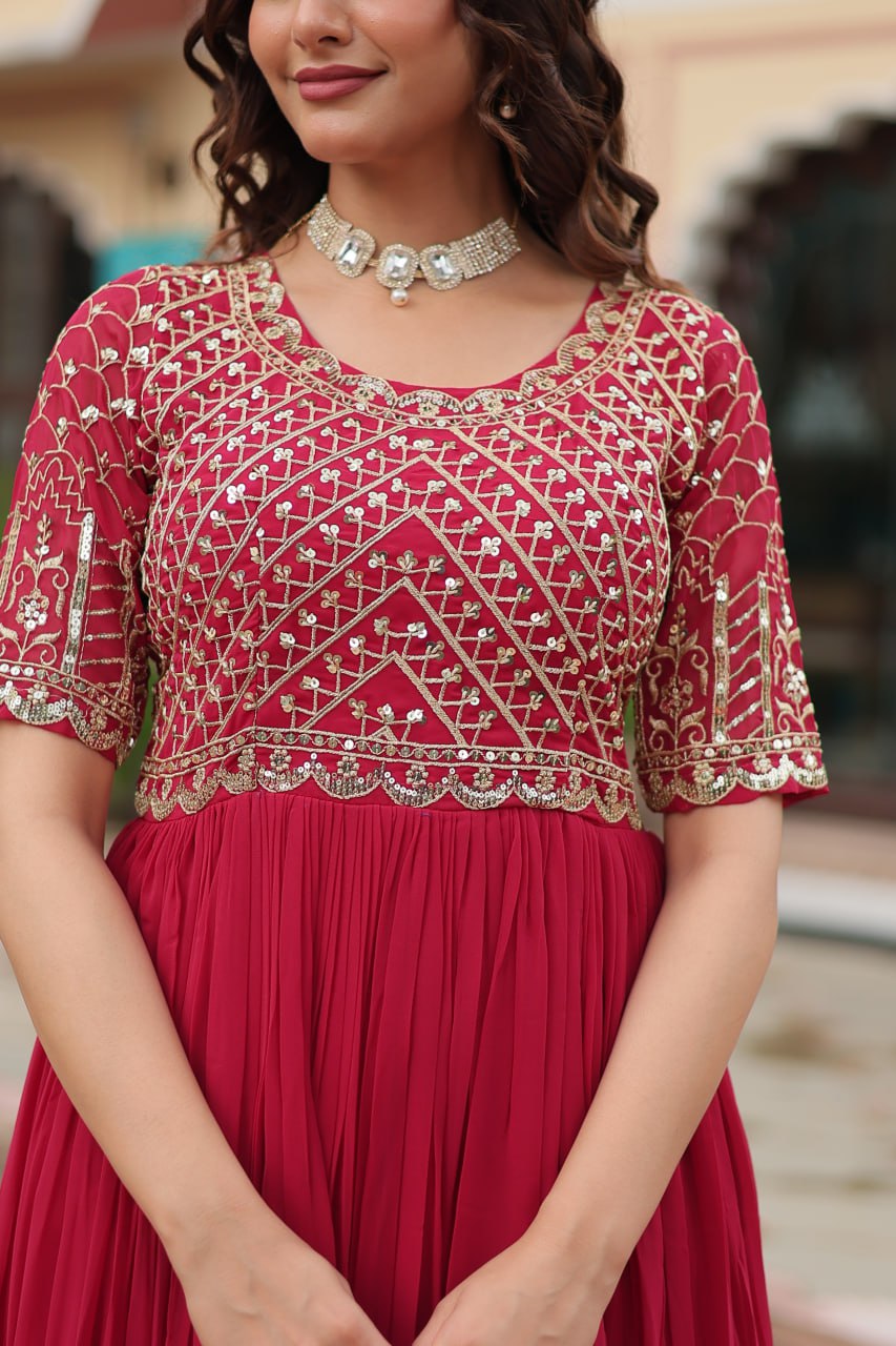 Radiant Faux Georgette Zari Sequins Worked Designer Gown - Ethnicwish