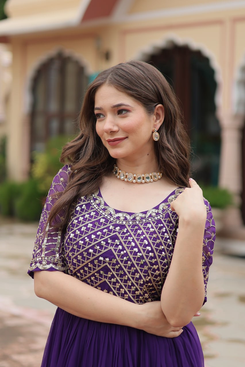 Radiant Faux Georgette Zari Sequins Worked Designer Gown - Ethnicwish