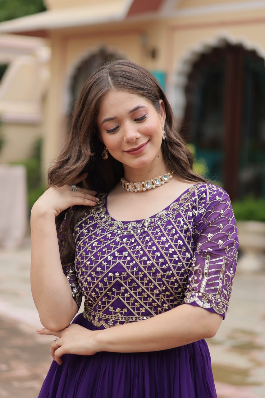 Radiant Faux Georgette Zari Sequins Worked Designer Gown - Ethnicwish