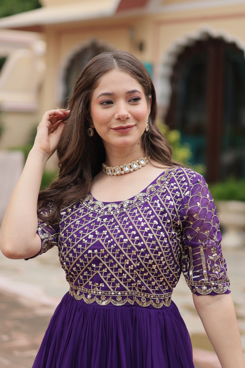 Radiant Faux Georgette Zari Sequins Worked Designer Gown - Ethnicwish