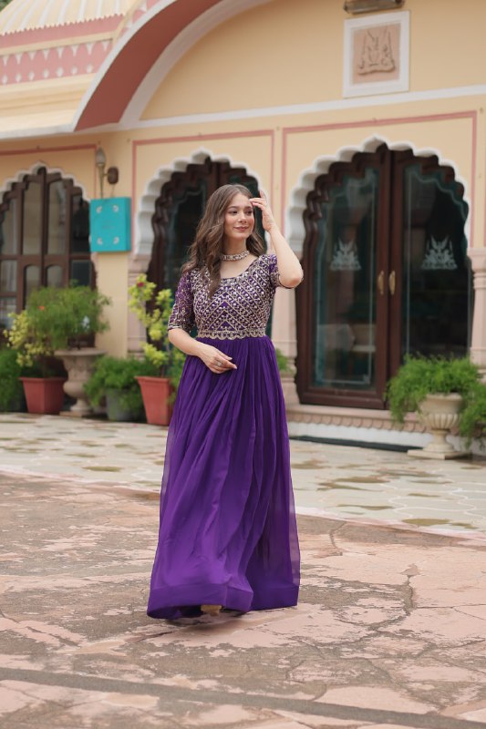 Radiant Faux Georgette Zari Sequins Worked Designer Gown - Ethnicwish