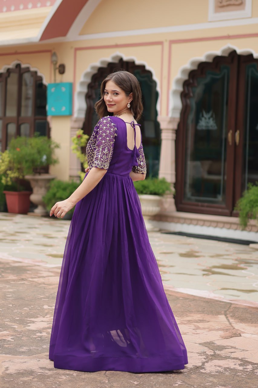 Radiant Faux Georgette Zari Sequins Worked Designer Gown - Ethnicwish