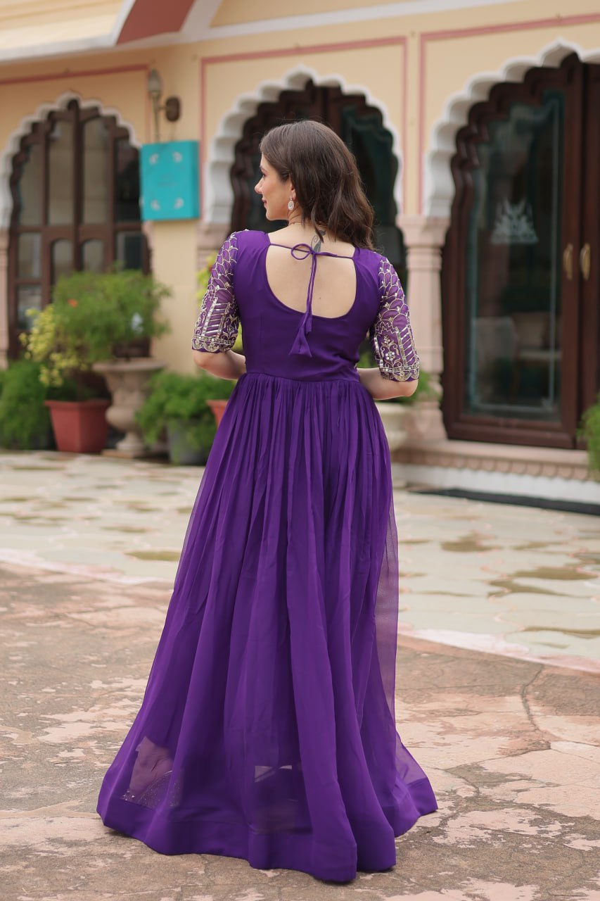Radiant Faux Georgette Zari Sequins Worked Designer Gown - Ethnicwish