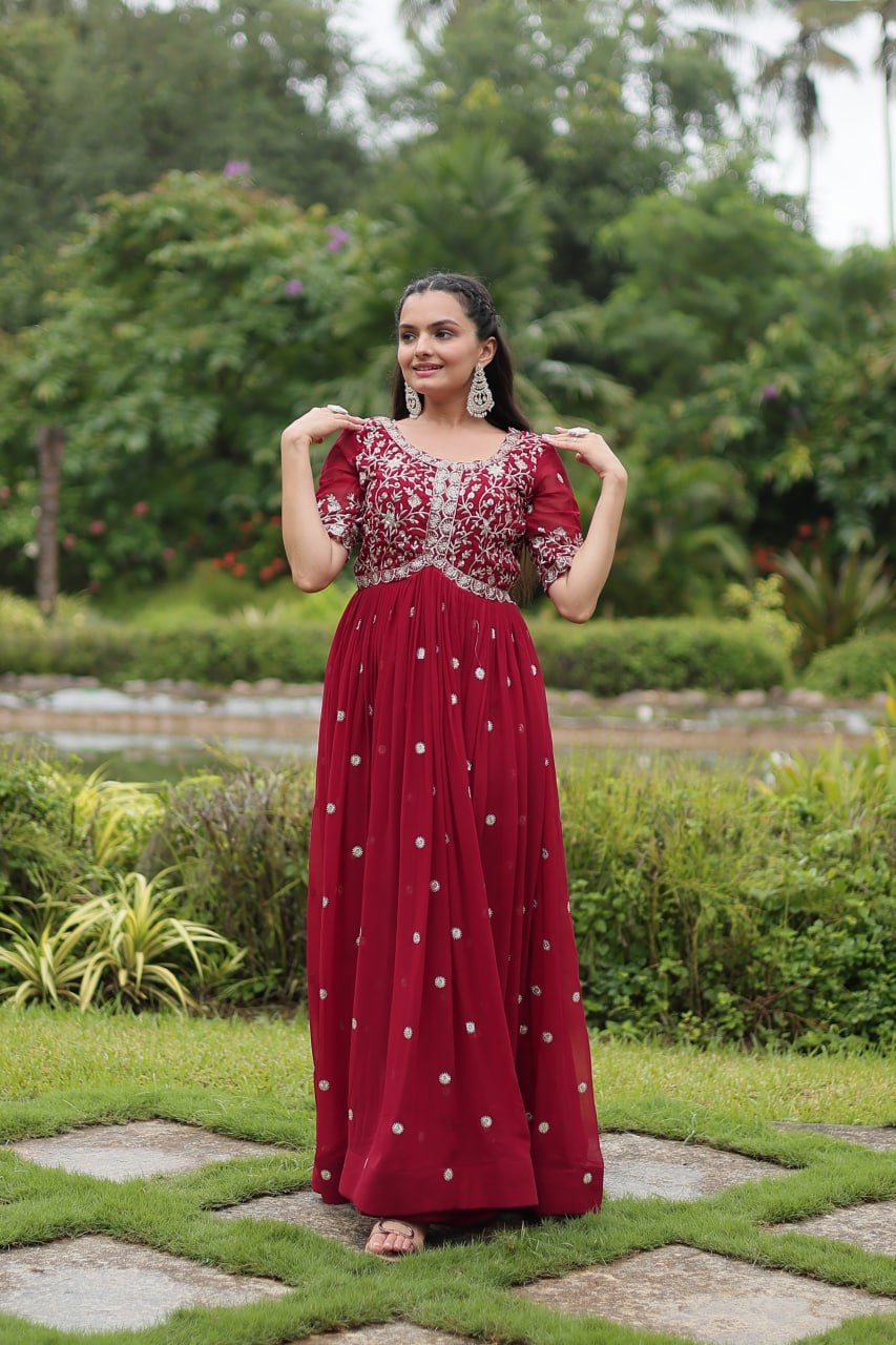 Spellbinding Zari Thread Sequins Worked Designer Gown - Ethnicwish