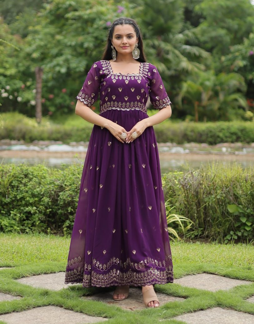 Striking Faux Georgette Zari Sequins Worked Stitched Gown - Ethnicwish