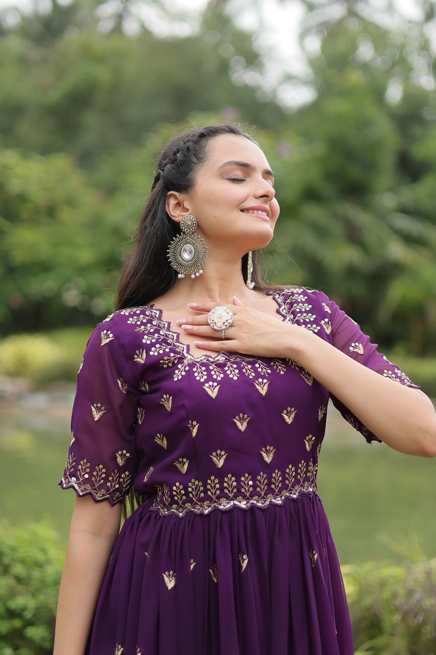 Striking Faux Georgette Zari Sequins Worked Stitched Gown - Ethnicwish