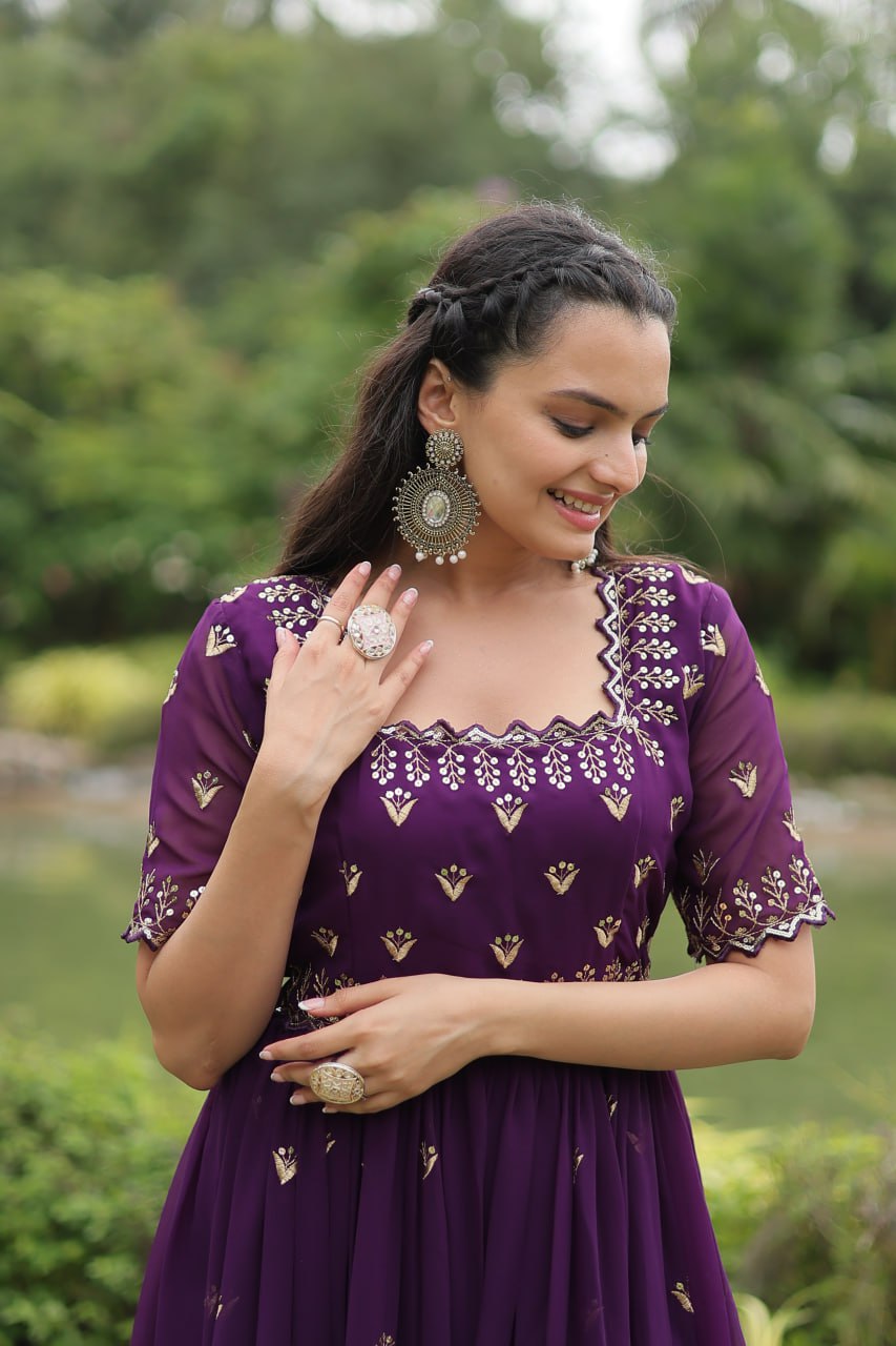 Striking Faux Georgette Zari Sequins Worked Stitched Gown - Ethnicwish