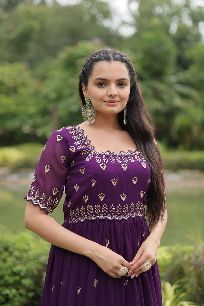 Striking Faux Georgette Zari Sequins Worked Stitched Gown - Ethnicwish