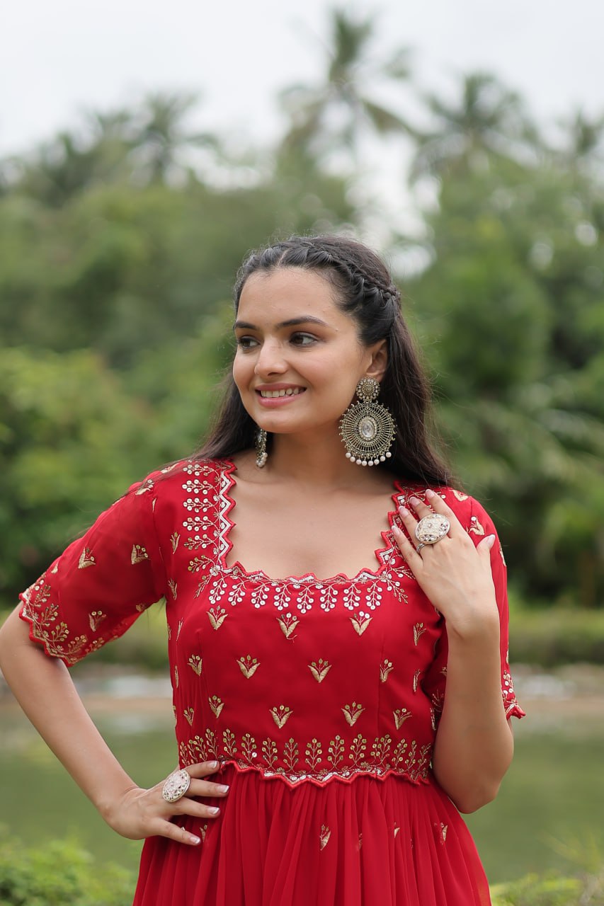 Striking Faux Georgette Zari Sequins Worked Stitched Gown - Ethnicwish