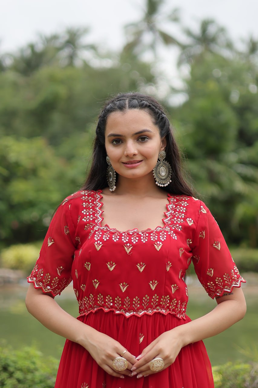 Striking Faux Georgette Zari Sequins Worked Stitched Gown - Ethnicwish