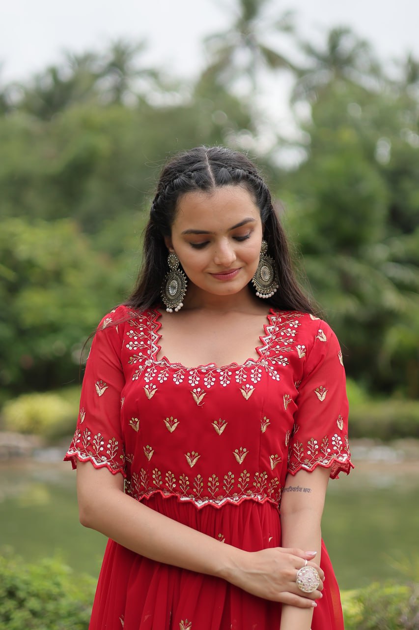 Striking Faux Georgette Zari Sequins Worked Stitched Gown - Ethnicwish