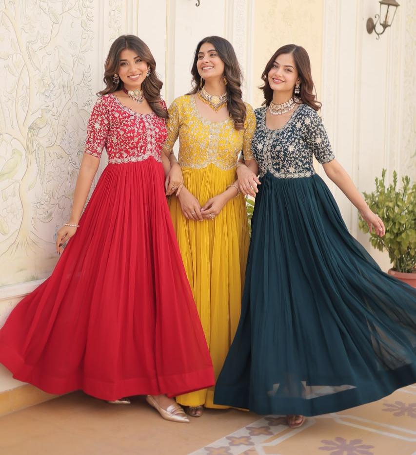 Elegant Faux Georgette Zari Sequins Worked Designer Gown - Ethnicwish