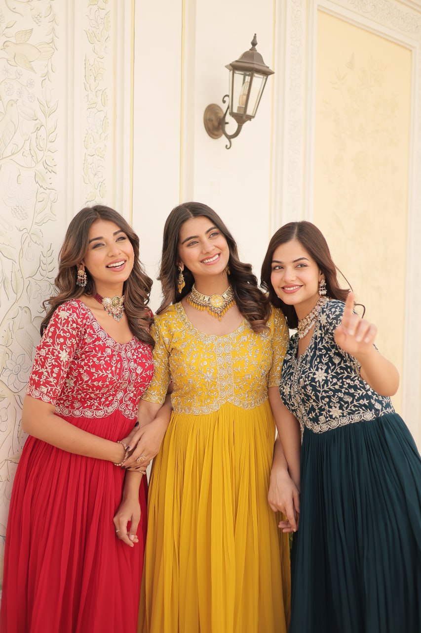 Elegant Faux Georgette Zari Sequins Worked Designer Gown - Ethnicwish