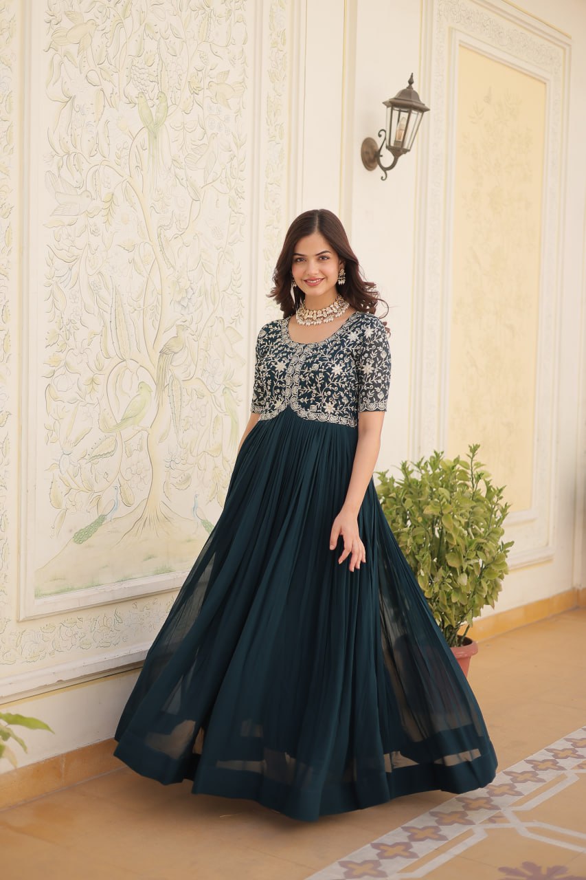 Elegant Faux Georgette Zari Sequins Worked Designer Gown - Ethnicwish