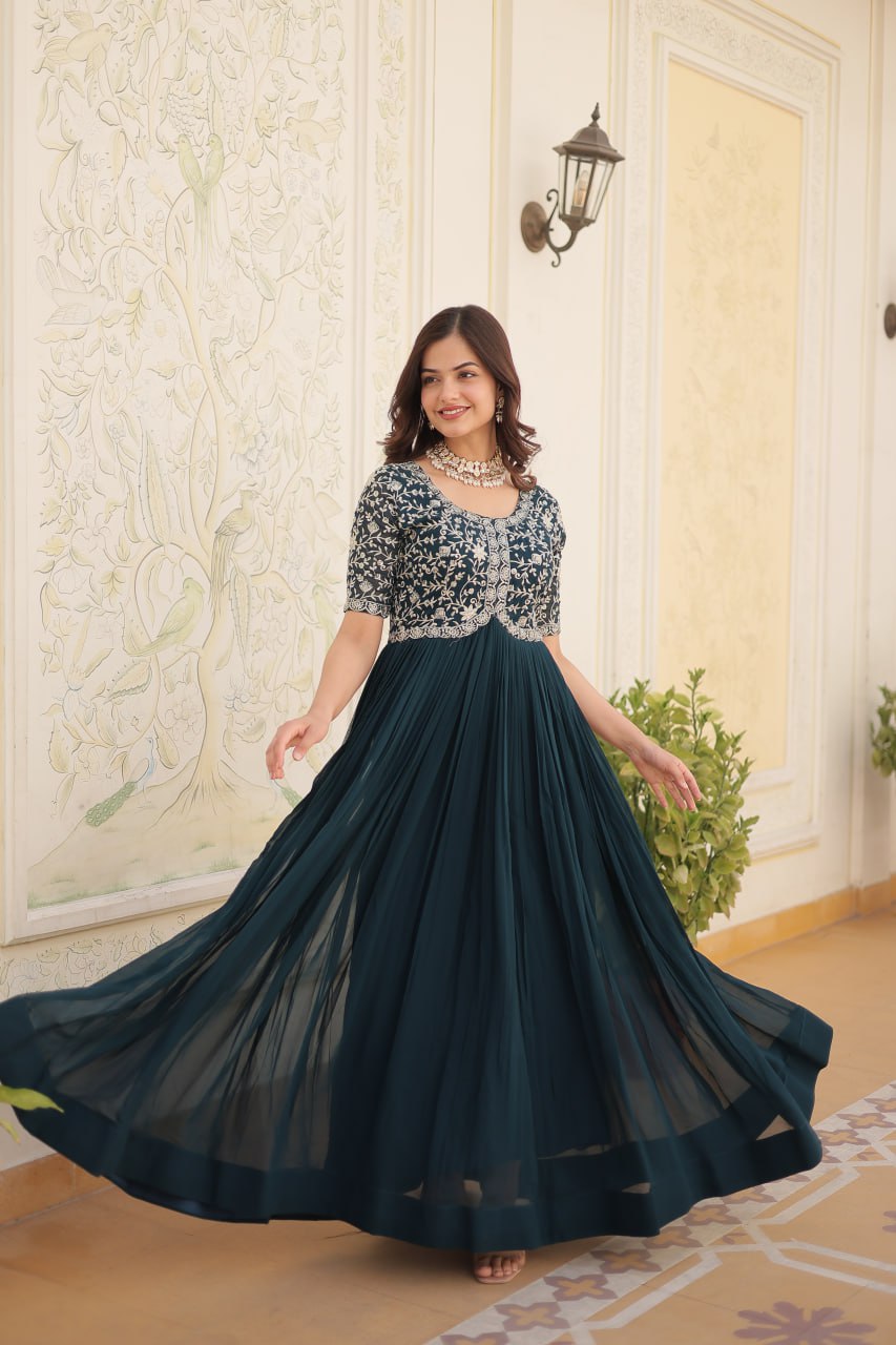 Elegant Faux Georgette Zari Sequins Worked Designer Gown - Ethnicwish
