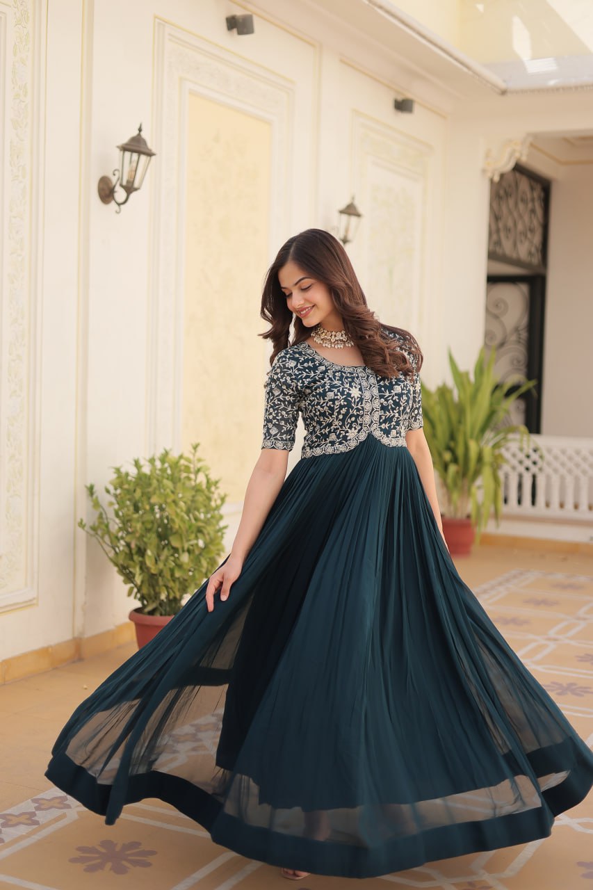 Elegant Faux Georgette Zari Sequins Worked Designer Gown - Ethnicwish