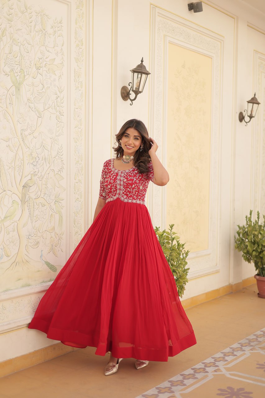 Elegant Faux Georgette Zari Sequins Worked Designer Gown - Ethnicwish