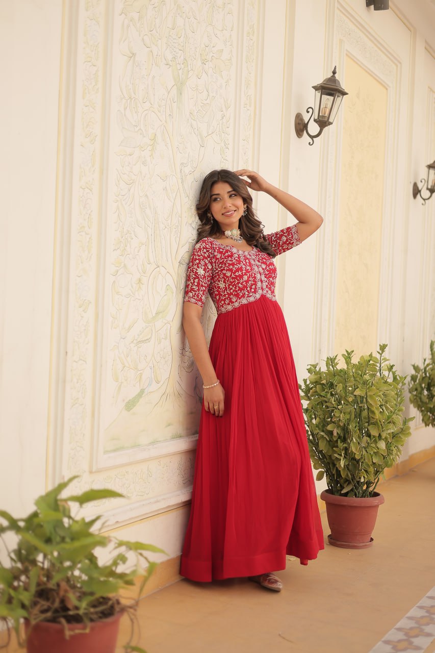 Elegant Faux Georgette Zari Sequins Worked Designer Gown - Ethnicwish