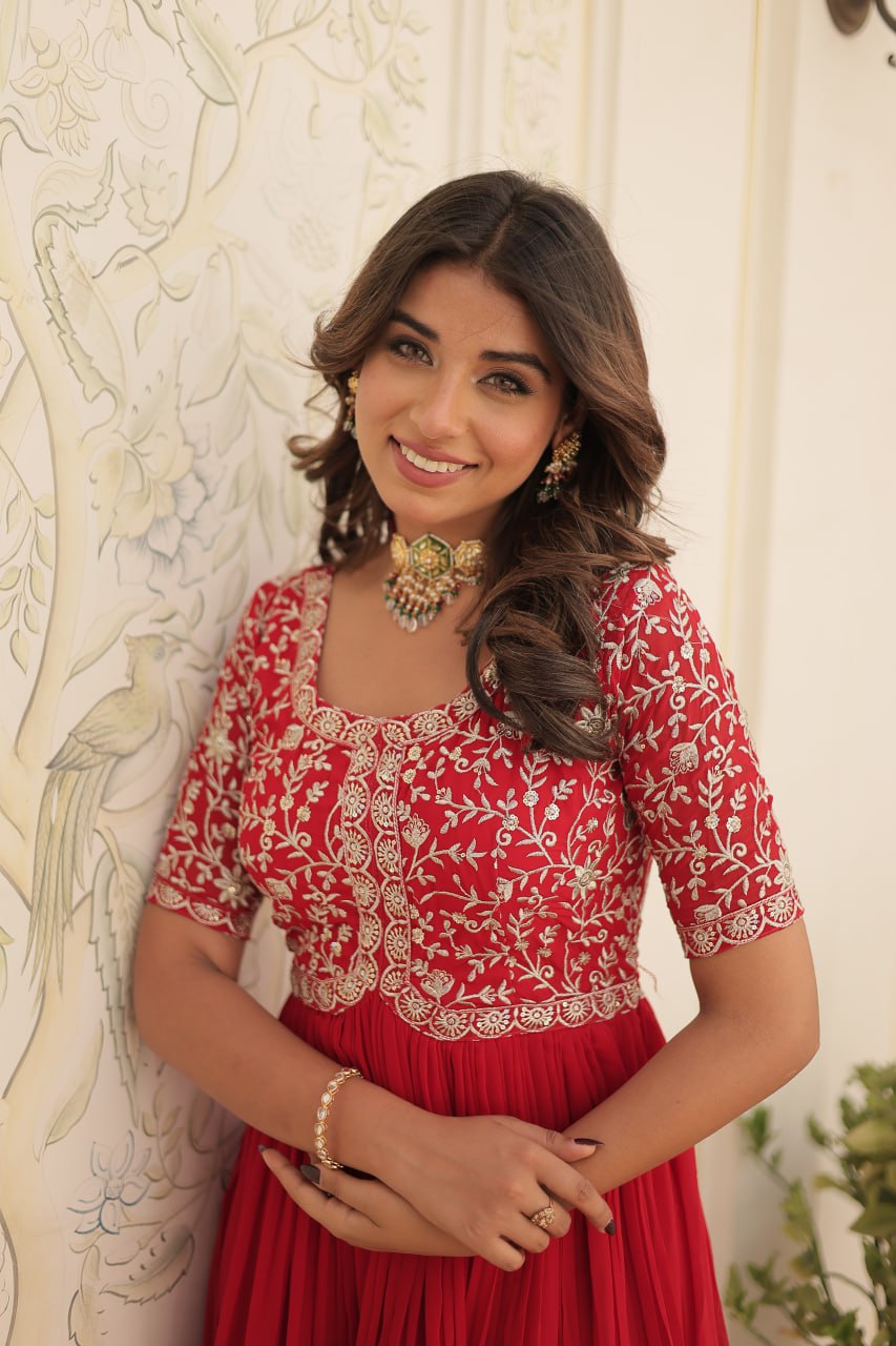 Elegant Faux Georgette Zari Sequins Worked Designer Gown - Ethnicwish