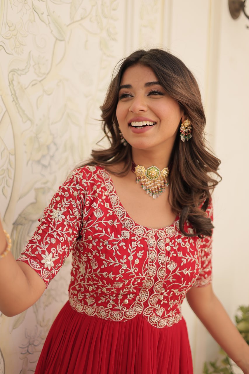 Elegant Faux Georgette Zari Sequins Worked Designer Gown - Ethnicwish