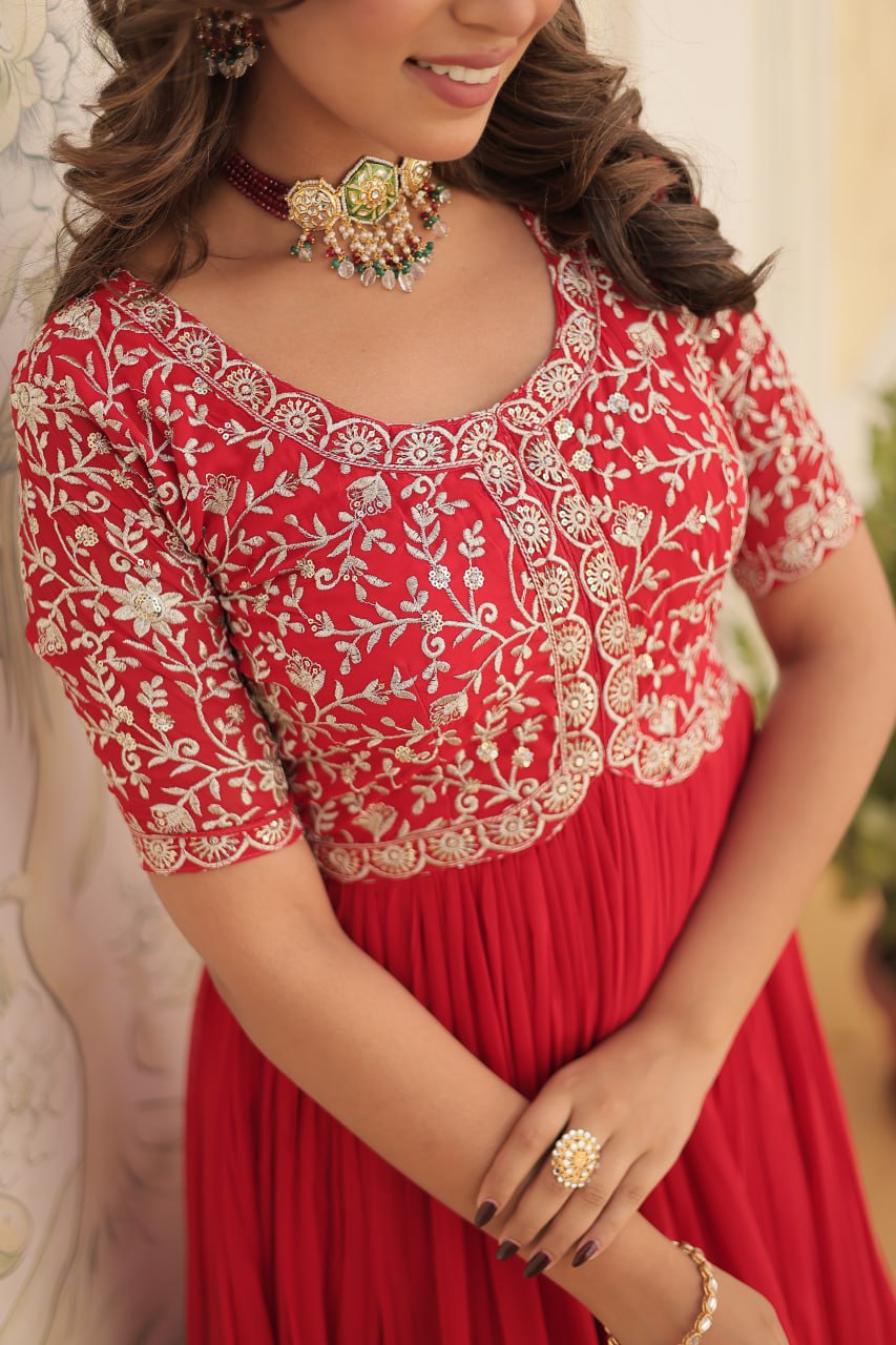 Elegant Faux Georgette Zari Sequins Worked Designer Gown - Ethnicwish